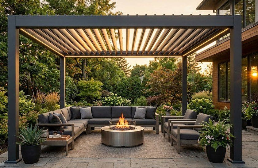 Modern dark gray louvered aluminum pergola on a stone patio with outdoor seating and garden view