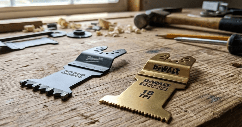 Close-up of Milwaukee Nitrus Carbide and DeWalt Titanium oscillating saw blades on a workshop table showing tooth geometry difference