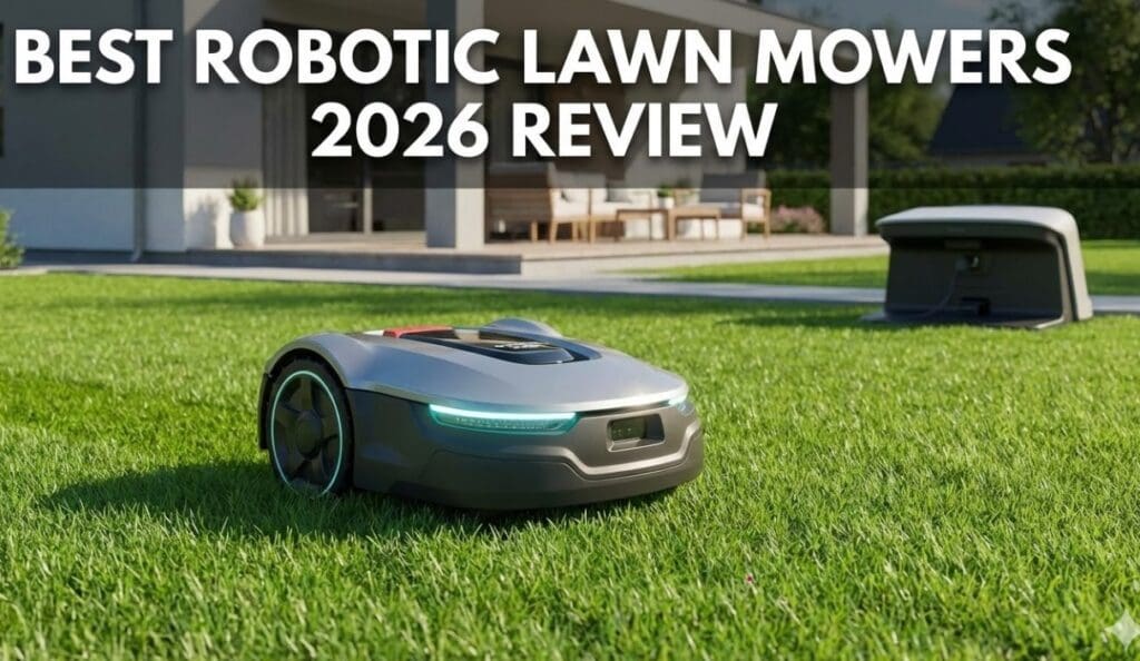 A modern orange robotic lawn mower cutting green grass in a suburban backyard
