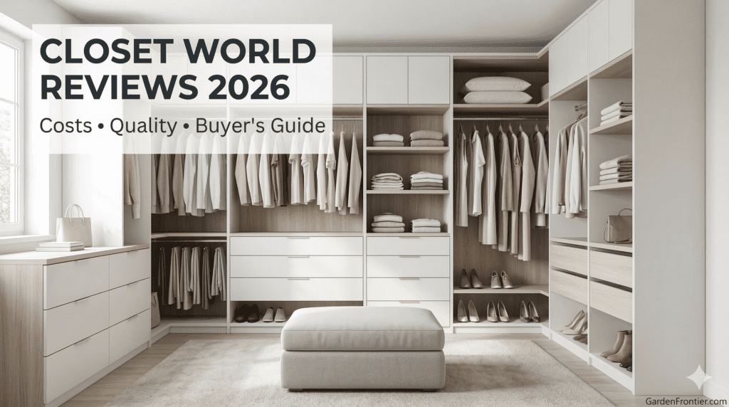 A beautiful, bright, and perfectly organized custom walk-in closet with white cabinetry, light wood accents, and brass hardware. Multiple rods are filled with neutral clothing, drawers are closed, and open shelving displays neatly folded items and shoes. The overall aesthetic is clean, professional, and luxurious. Subtle sans-serif text in the upper left reads: 'CLOSET WORLD REVIEWS 2026', with secondary text below: 'Costs • Quality • Buyer's Guide'. A discreet 'GardenFrontier.com' logo is in the bottom right.
