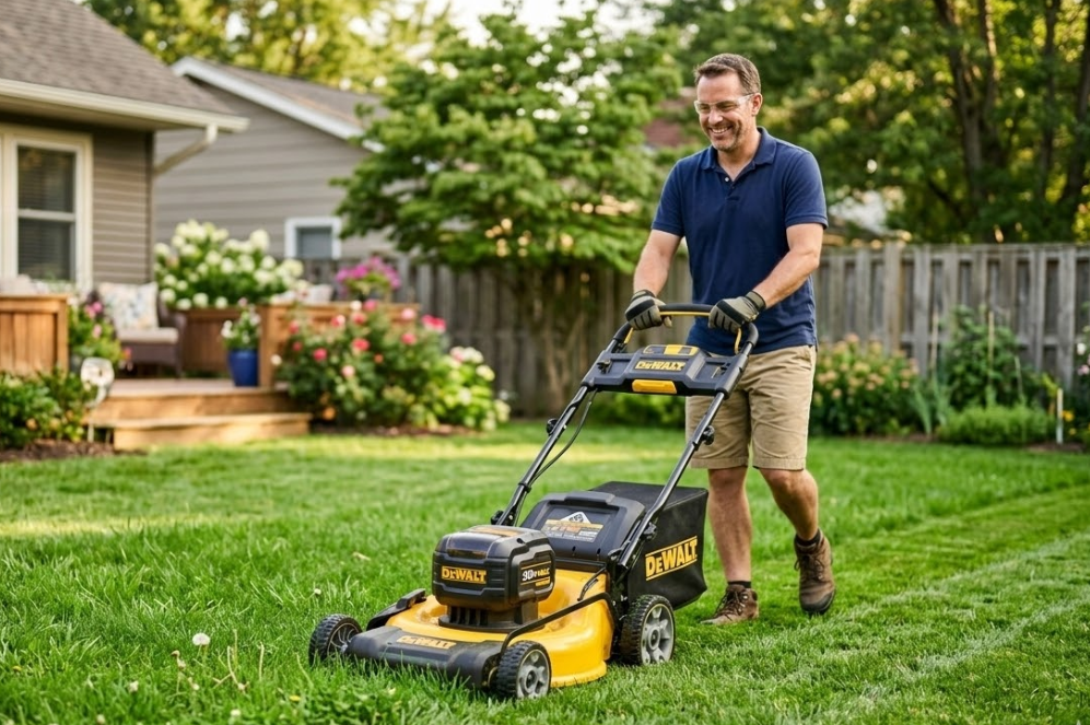 Homeowner mowing a green suburban lawn with a DeWalt battery-powered lawn mower