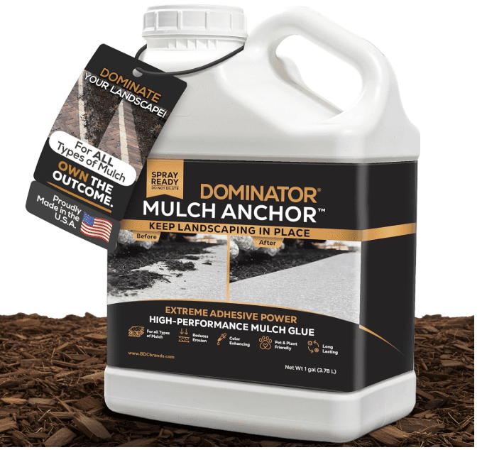 DOMINATOR Mulch Anchor XL ready-to-use liquid, selected as the top choice for securing pea gravel and heavy mulch