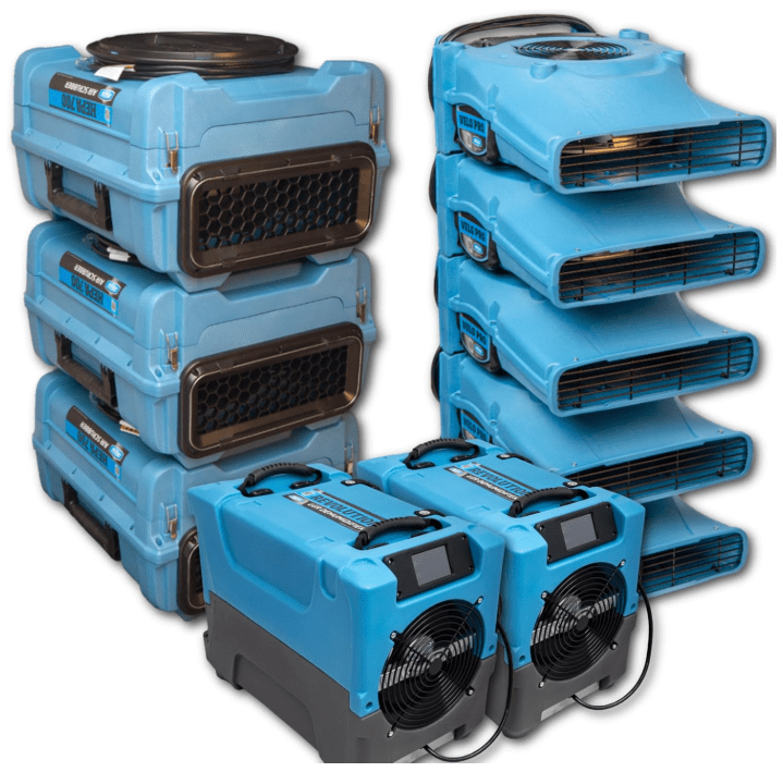 Large Dri-Eaz commercial water restoration fleet with LGR dehumidifier, air movers, and HEPA air scrubber