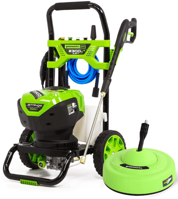 Greenworks Pro 2300 PSI brushless electric pressure washer with surface cleaner attachment on a concrete driveway