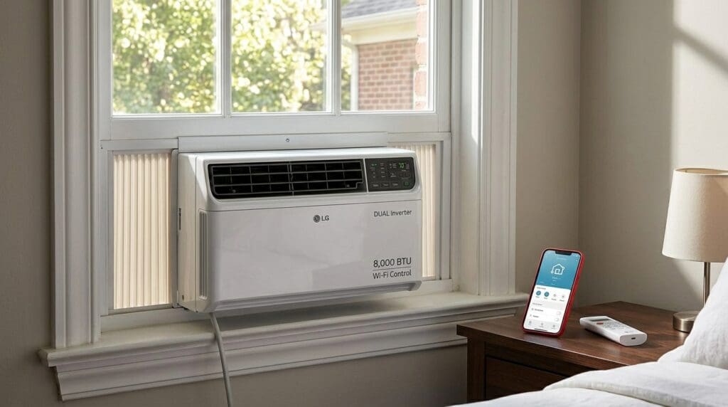 LG 8000 BTU dual inverter window air conditioner with Wi-Fi control Close up of the LG Dual Inverter window air conditioner running during a noise level test in a living room