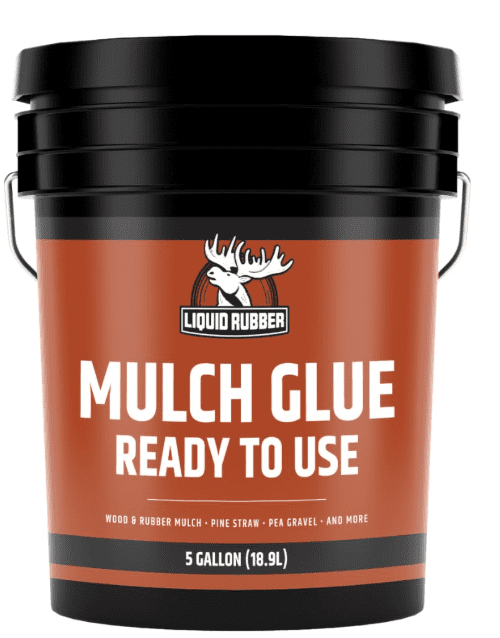 Bucket of Liquid Rubber Mulch Glue, recommended for stabilizing large landscaping areas and preventing washout