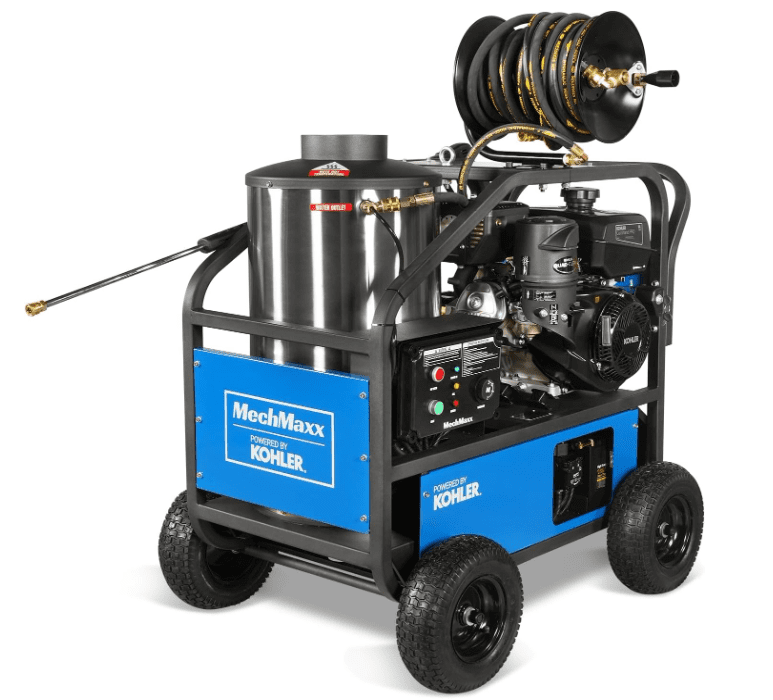MechMaxx HPW40K hot water gas commercial pressure washer with 14 HP Kohler engine and built-in hose reel