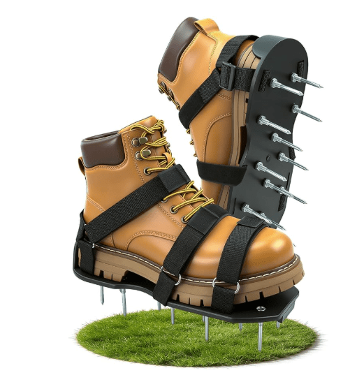 A close-up of Ohuhu Aerator Shoes, strapped onto a person's sneakers, showing the spikes poking holes into the grass turf.