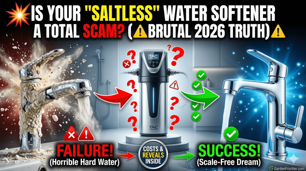 A split image comparing a broken, scale-encrusted faucet with hard water damage on the left, and a clean, shiny faucet with conditioned water on the right. A modern saltless water softener system sits in the center. Bold text asks: Is your saltless water softener a scam?