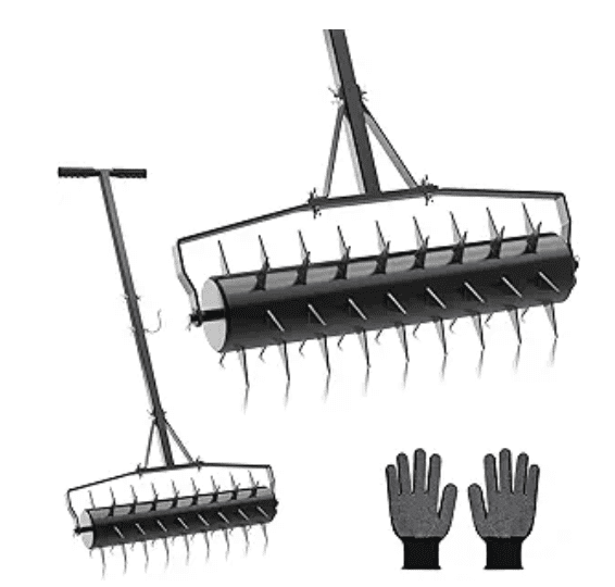 The Seeutek Rolling Lawn Aerator with spikes, being pushed across a flat lawn area for light compaction relief.