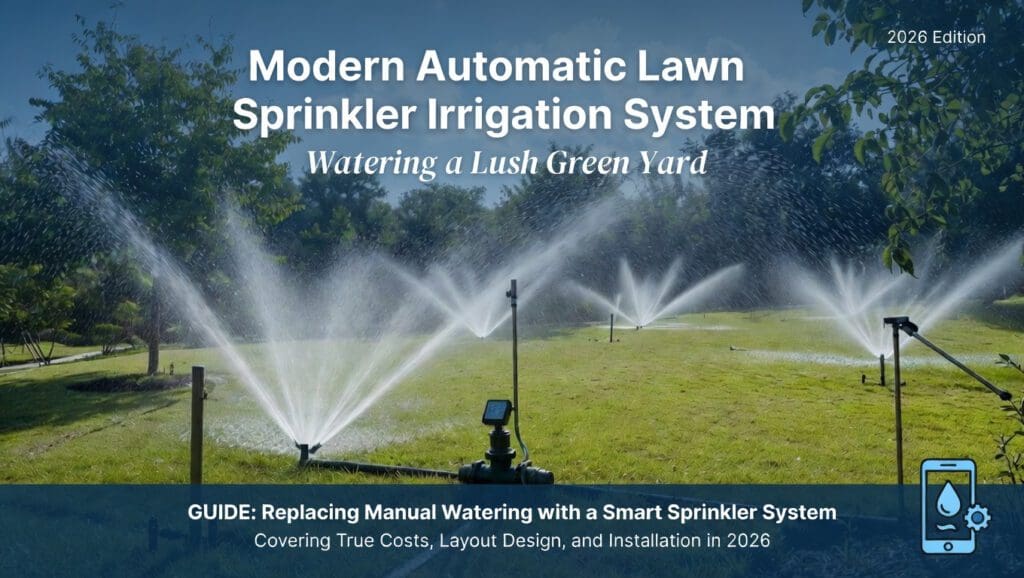 Featured image for the guide on replacing manual watering with a smart sprinkler irrigation system, covering true costs, layout design, and installation in 2026. Featured image for the guide on replacing manual watering with a smart sprinkler irrigation system, covering true costs, layout design, and installation in 2026.