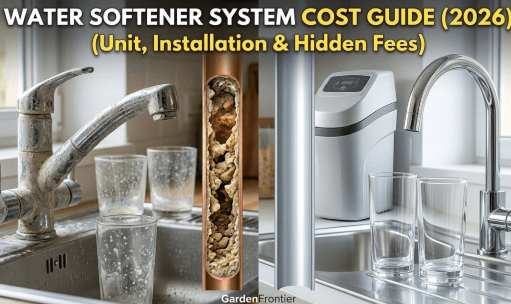 Homeowner reviewing a plumber's installation bill next to a new salt-based water softener system in a basement
