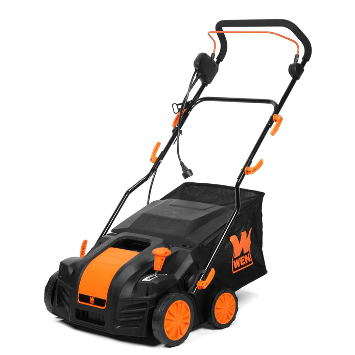 WEN DT1516 16-inch 15-amp electric dethatcher with collection bag, rated best overall for 2026