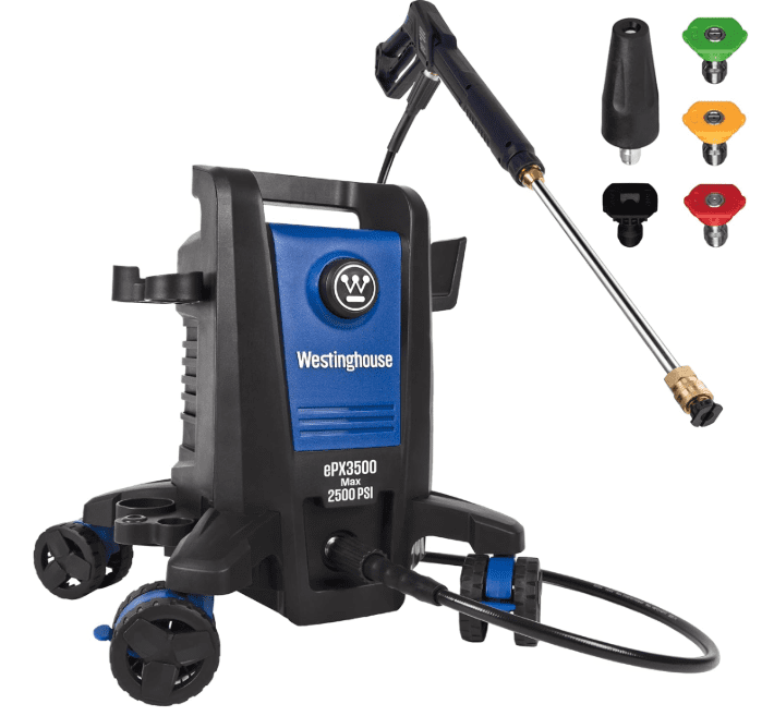 Westinghouse ePX3500 compact electric pressure washer with anti-tip rolling base for home cleaning