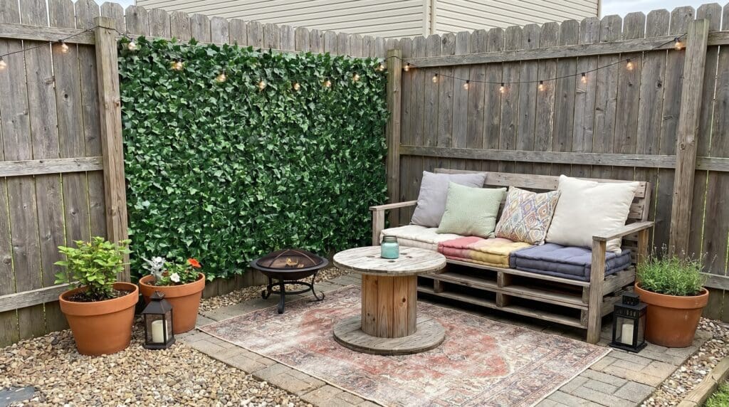 A budget-friendly backyard setup featuring a faux ivy privacy screen attached to an existing fence.