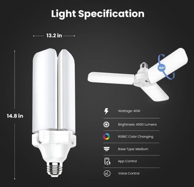 Smart LED Garage Light, 4000 Lumens RGBW Color Changing Deformable Panels, 2.4GHz WiFi App Control, Works with Alexa & Google, E26 Screw-in Ceiling Light for Garage ADJ4000/RGBW/LED/AG Smart LED Garage Light, 4000 Lumens RGBW Color Changing Deformable Panels, 2.4GHz WiFi App Control, Works with Alexa & Google, E26 Screw-in Ceiling Light for Garage ADJ4000/RGBW/LED/AG