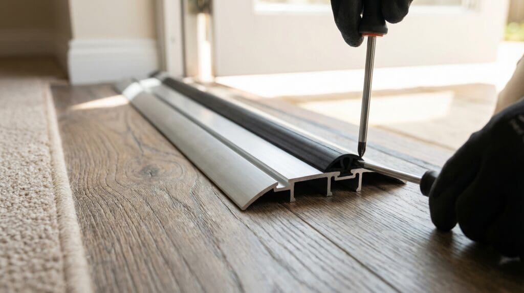 A newly installed adjustable aluminum Front Door Threshold Replacement with a black rubber seal stopping drafts and water leaks. A newly installed adjustable aluminum Front Door Threshold Replacement with a black rubber seal stopping drafts and water leaks.