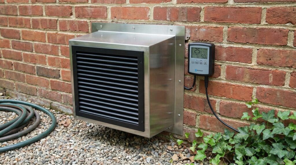 A modern crawl space exhaust fan installed in a brick foundation. A modern crawl space exhaust fan installed in a brick foundation.