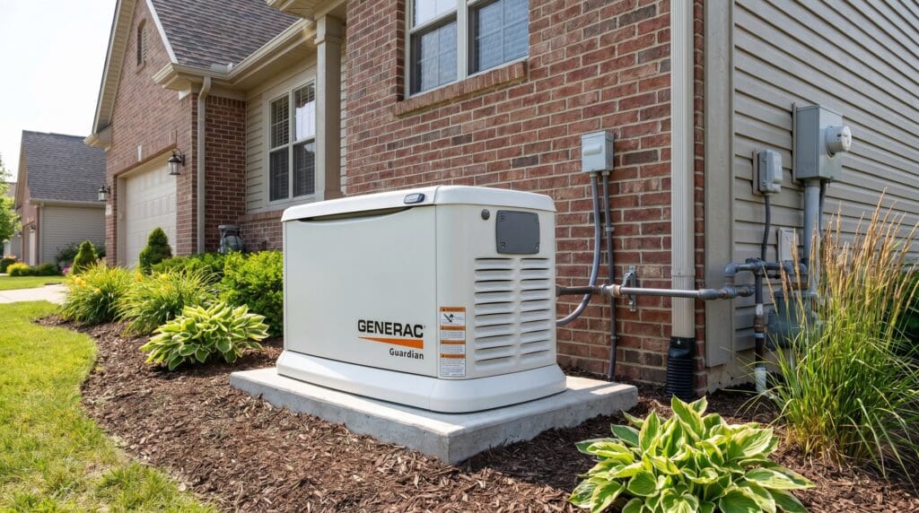 Generac home standby generator installation Generac home standby generator installed outside a house on a concrete pad