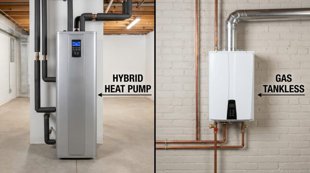 A side-by-side comparison of a modern hybrid heat pump water heater and a wall-mounted gas tankless water heater. A side-by-side comparison of a modern hybrid heat pump water heater and a wall-mounted gas tankless water heater.