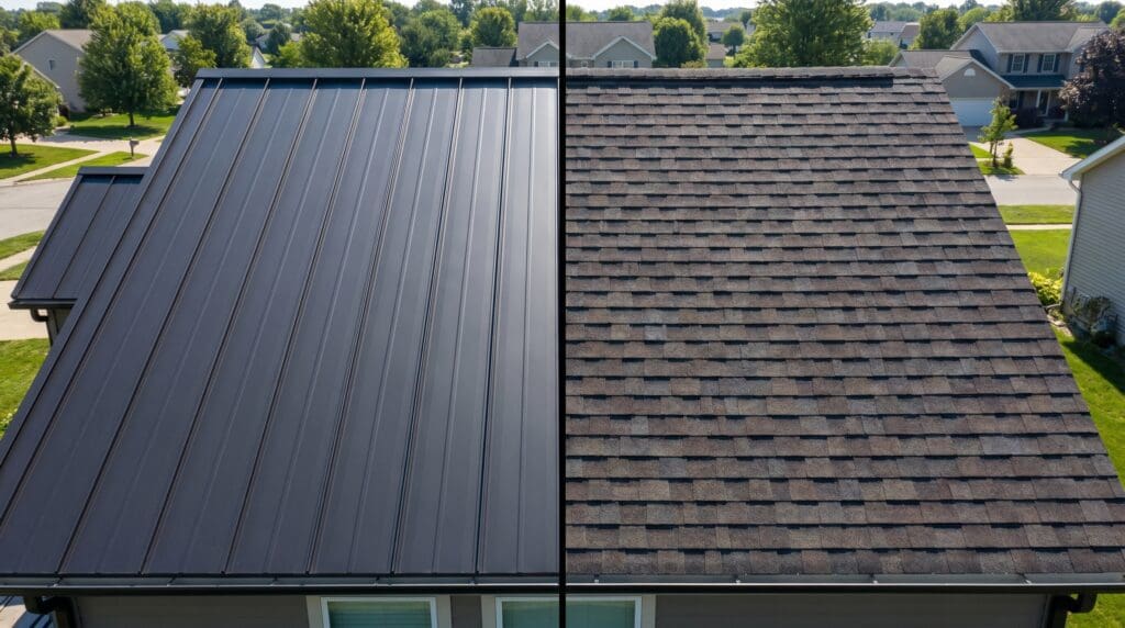 Metal Roof vs Shingle Roof Cost Comparison A side-by-side comparison of a standing seam metal roof and architectural asphalt shingles
