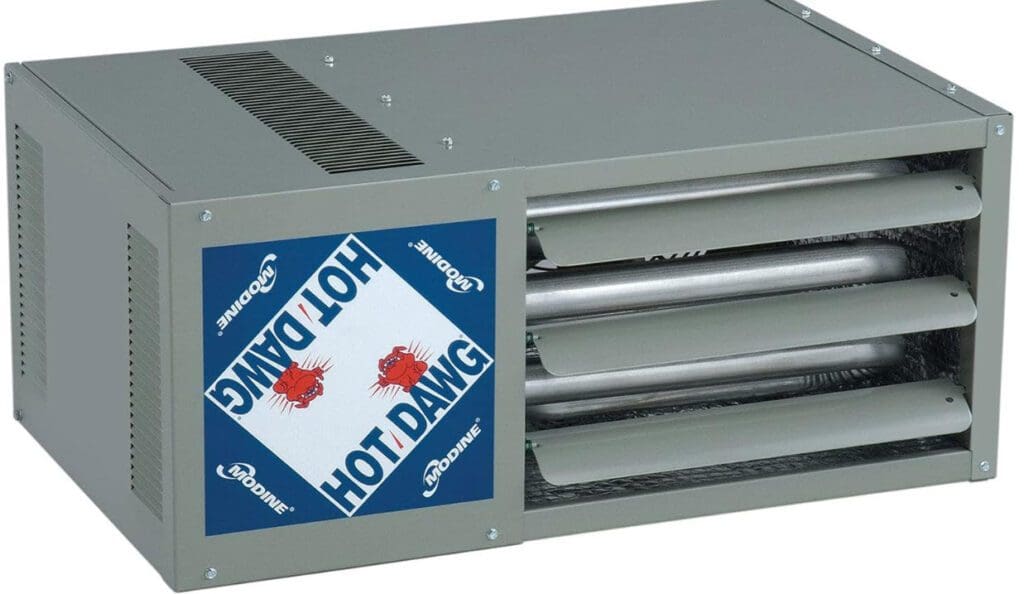 Modine Hot Dawg gas heater used for high-efficiency greenhouse climate control A heavy-duty Modine Hot Dawg propane gas heater hanging in a commercial greenhouse