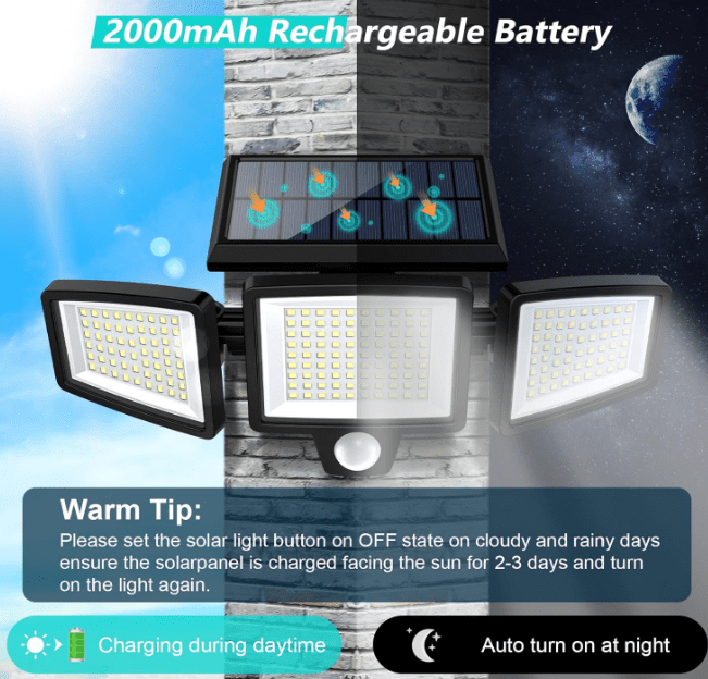 Tuffenough Solar Outdoor Lights 2500LM 210 LED Security Lights with Remote Control,3 Heads Motion Sensor Lights, IP65 Waterproof,270° Wide Angle Flood Wall Lights with 3 Modes(2 Packs) motion sensor solar flood light