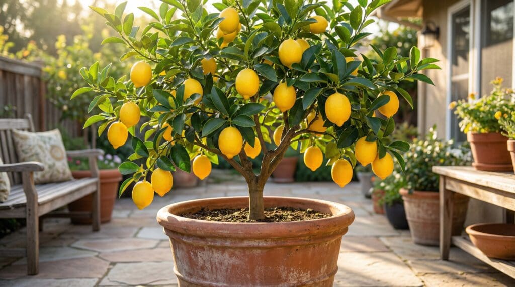 A healthy, thriving Meyer lemon tree bursting with bright yellow lemons and dark green leaves, growing in a large terracotta pot on a sunny patio. A healthy, thriving Meyer lemon tree bursting with bright yellow lemons and dark green leaves, growing in a large terracotta pot on a sunny patio.