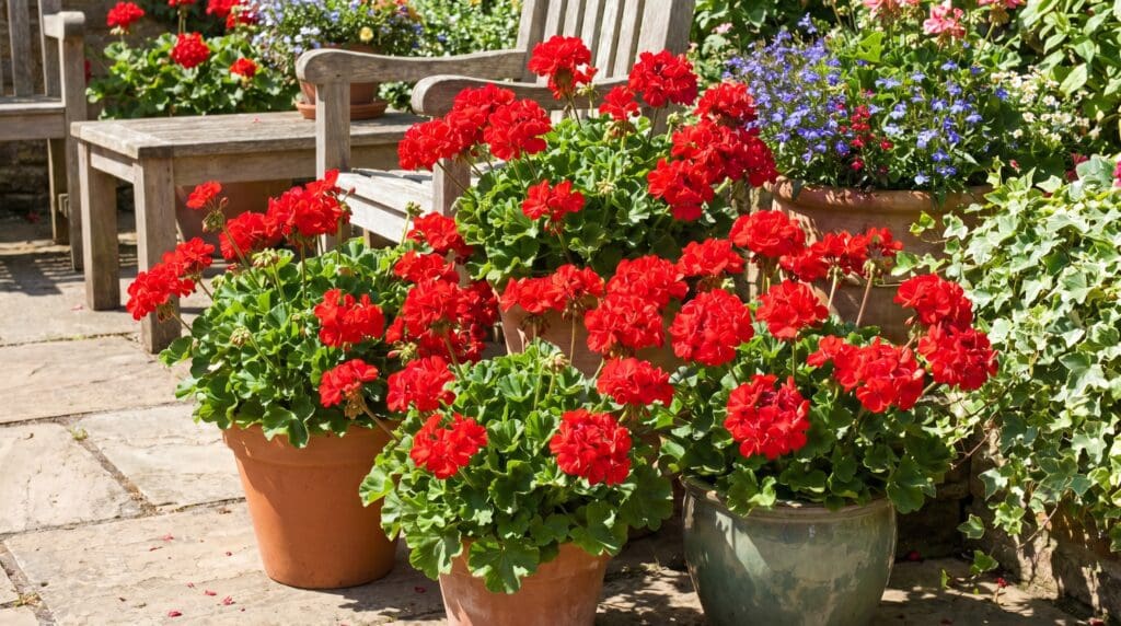 A bright outdoor container planting of red geraniums blooming in pots, showing healthy foliage, vibrant red flowers, and a sunny patio setting. Red geraniums blooming in outdoor pots on a sunny patio