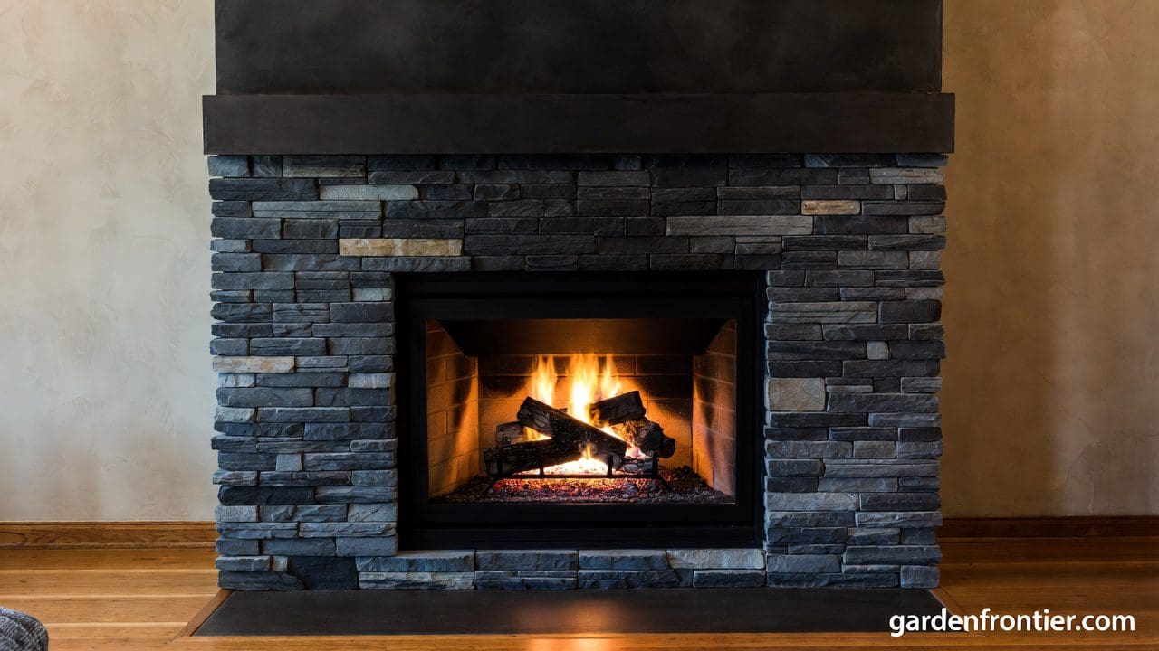 Soapstone Fireplace Surround and Hearth A beautifully oiled dark soapstone fireplace surround radiating heat in a cozy living room.