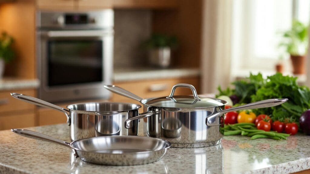 5-ply and tri-ply stainless steel cookware side by side on a kitchen counter