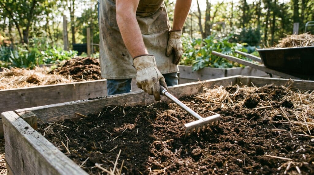 Gardener using a hand rake in a raised garden bed for soil leveling and mulch spreading Gardener using a hand rake in a raised garden bed for soil leveling and mulch spreading