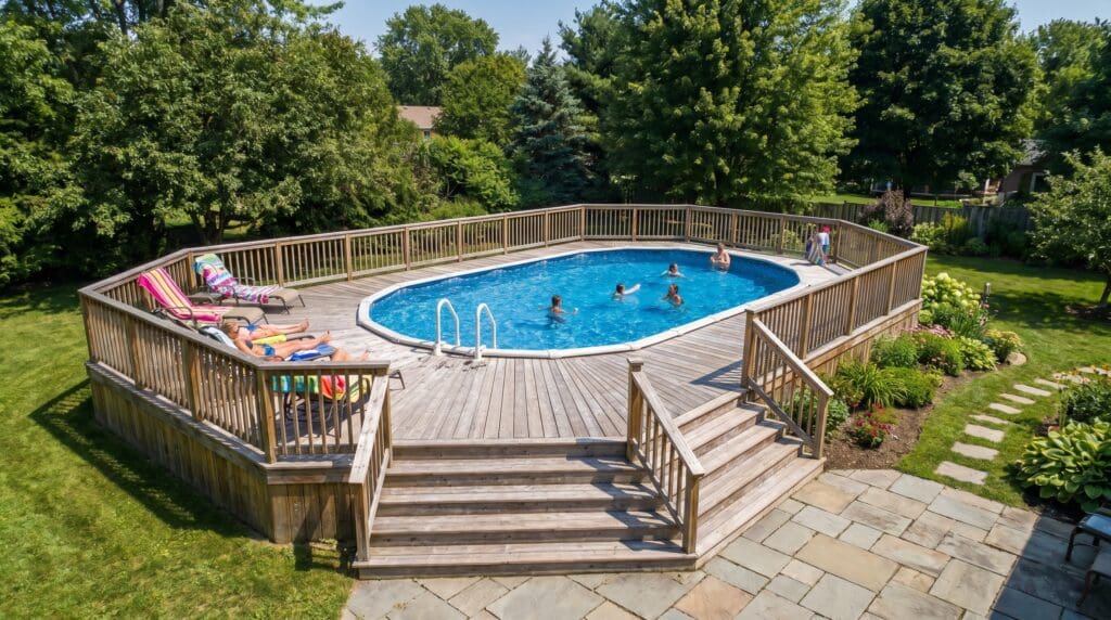 Above Ground Pool Above-ground swimming pool with decking for a small backyard