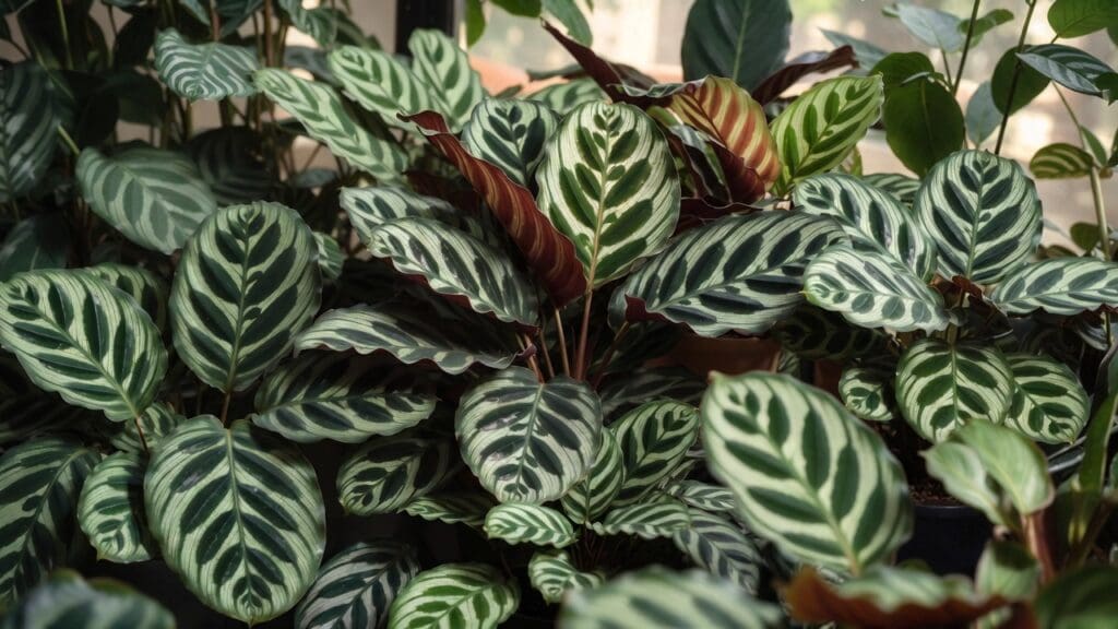 Different Calathea types with colorful patterned leaves Different Calathea types with colorful patterned leaves