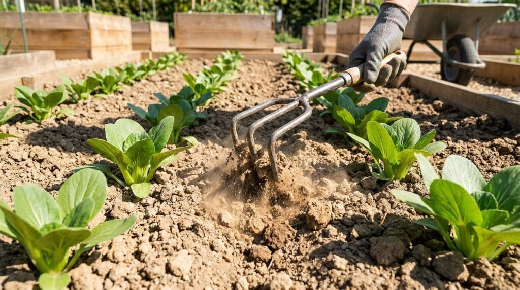Claw style hand rake loosening compact soil in vegetable garden
