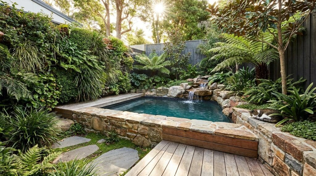 Compact plunge-style natural swimming pool in a small backyard Compact plunge-style natural swimming pool in a small backyard