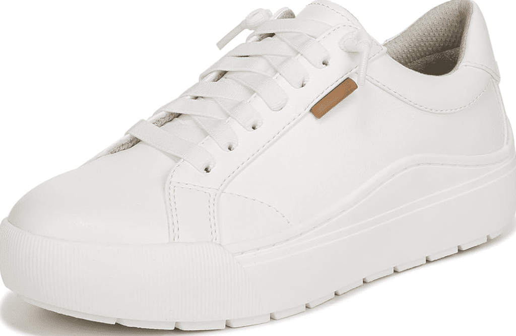 A pair of white Dr. Scholl's Time Off Platform Sneakers styled casually outdoors A pair of white Dr. Scholl's Time Off Platform Sneakers styled casually outdoors