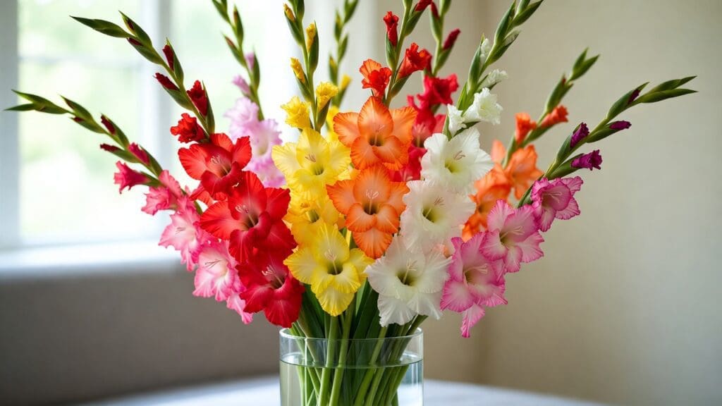 Colorful gladiolus bouquet in a glass vase representing strength, love, and August birth flower symbolism Colorful gladiolus bouquet in a glass vase representing strength, love, and August birth flower symbolism