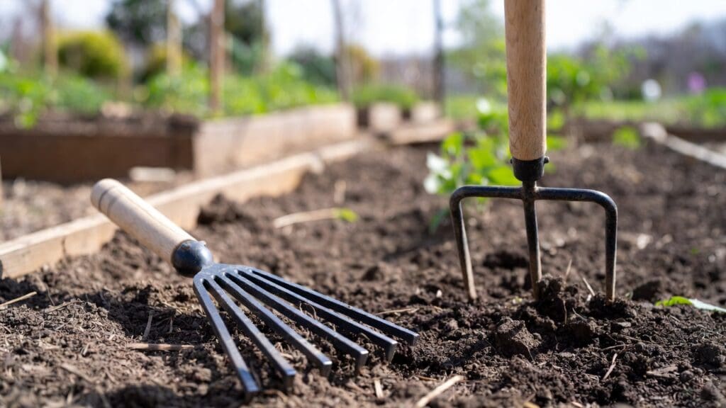 Hand rake and cultivator gardening tools side by side in raised garden soil Hand rake and cultivator gardening tools side by side in raised garden soil