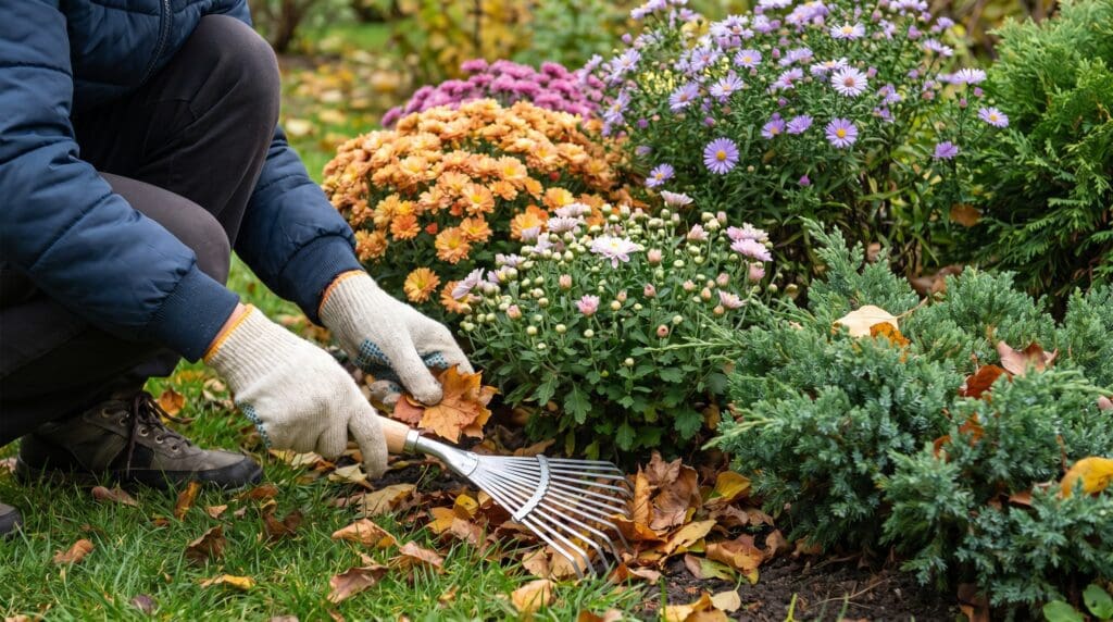 Hand leaf rake cleaning leaves around flowers and shrubs Hand leaf rake cleaning leaves around flowers and shrubs
