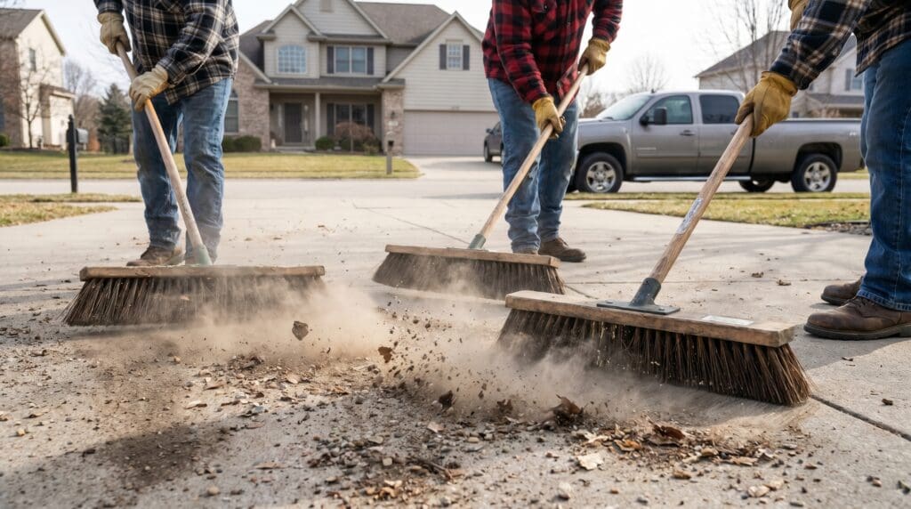 Heavy-duty outdoor push brooms cleaning a concrete driveway Heavy-duty outdoor push brooms cleaning a concrete driveway