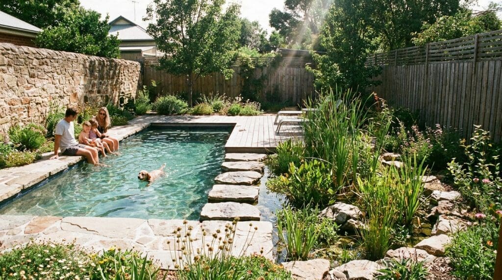 Hybrid natural swimming pool for a small backyard Hybrid natural swimming pool for a small backyard