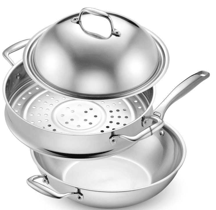 LEGEND COOKWARE 5-Ply Stainless Steel Wok Set, 12-Inch 5-Quart with Lid and Steamer - Induction Compatible, Oven Safe LEGEND COOKWARE 5-Ply Stainless Steel Wok Set, 12-Inch 5-Quart with Lid and Steamer - Induction Compatible, Oven Safe