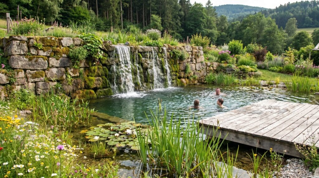 Natural swimming pool with waterfall filtration wall Natural swimming pool with waterfall filtration wall
