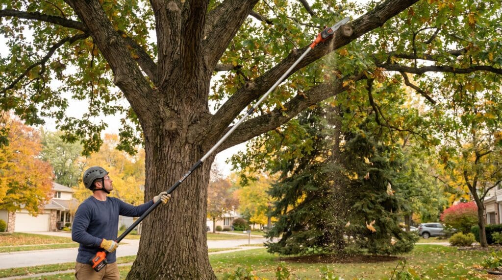 Pole saw pruner trimming high tree branches from the ground Pole saw pruner trimming high tree branches from the ground