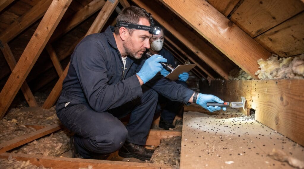 Rat exterminator inspecting attic for rodent droppings and entry points Rat exterminator inspecting attic for rodent droppings and entry points