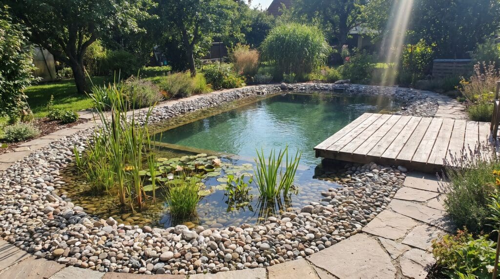 Small backyard natural swimming pool with gravel edging Small backyard natural swimming pool with gravel edging