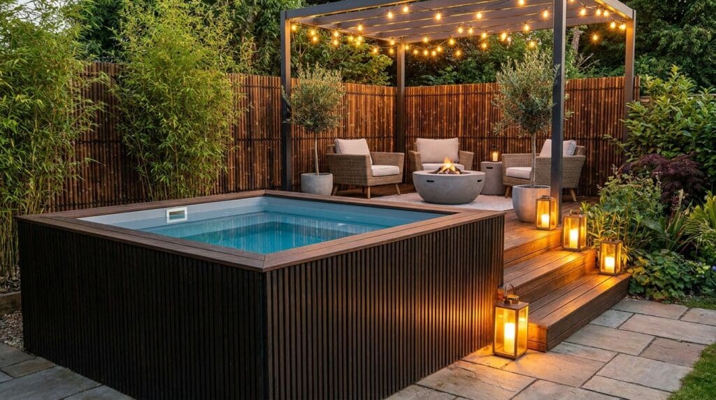 Modern above-ground swimming pool with decking in a small backyard Modern above-ground swimming pool with decking in a small backyard
