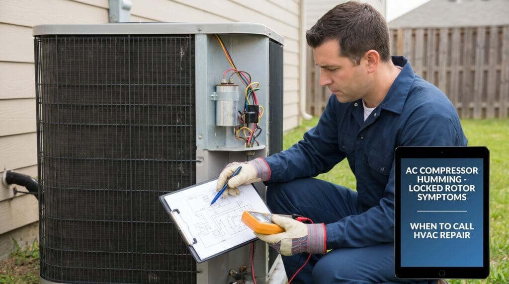 An HVAC technician inspecting an outdoor air conditioner condenser unit for a guide about AC compressor humming, bad capacitors, locked rotor symptoms, electrical issues, and when to call HVAC repair. HVAC technician diagnosing an outdoor AC unit that hums but does not start