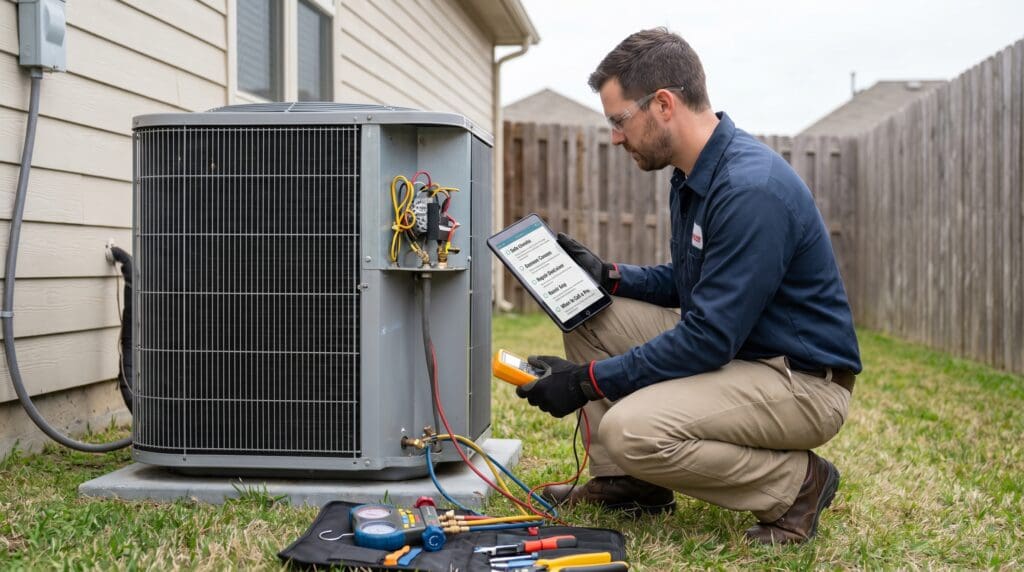 An HVAC technician diagnosing an outdoor air conditioner condenser unit for a guide about why an AC compressor is not turning on, safe checks, common causes, repair decisions, and when to call a professional. HVAC technician checking an outdoor AC unit when the compressor is not turning on